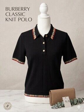 Burberry Black Lola Knit Polo Shirt with Check Trim